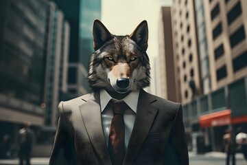 business wolf head man in suit on city street , Generative AI