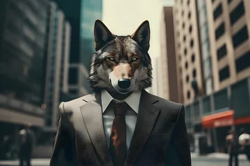 Keuken spatwand met foto business wolf head man in suit on city street , Generative AI © dobok