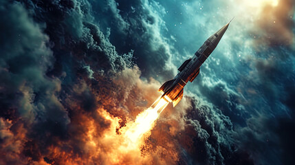 The image of a space missile moving forward is accompanied by streams of light and smoke, expressi - Powered by Adobe