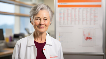 Senior medical professional with white hair, wearing a lab coat , standing confidently in front of a poster displaying scientific charts and data.
