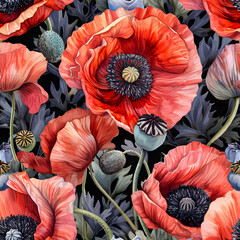 Seamless patterns Watercolor painting high detailed, with high contrast, vintage poppy flower pattern.no.04