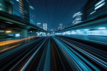 Fototapeta na wymiar High speed train driving along the rails through a train station tunnel at night. Motion Blur. Long Exposure. Edited, Composite Night Skyline. Odaiba, Tokyo, Japan, Asia 