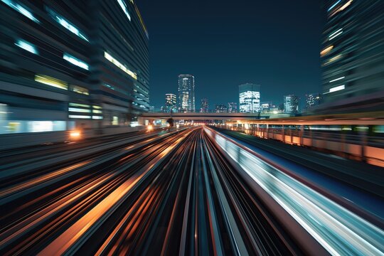 High speed train driving along the rails through a train station tunnel at night. Motion Blur. Long Exposure. Edited, Composite Night Skyline. Odaiba, Tokyo, Japan, Asia 