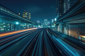 Fototapeta na wymiar High speed train driving along the rails through a train station tunnel at night. Motion Blur. Long Exposure. Edited, Composite Night Skyline. Odaiba, Tokyo, Japan, Asia