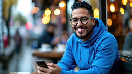 Man with a beard and glasses wearing a blue hoodie, sitting at an outdoor table of a cafe, smiling at the camera while holding a smartphone in his hands. - obrazy, fototapety, plakaty