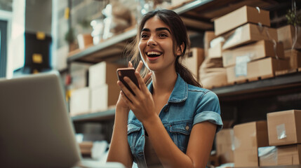 Joyful young woman looking at her phone, standing in a storeroom or warehouse environment filled with cardboard boxes
