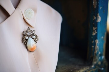 an opal brooch pinned to an abandoned velvet dress - obrazy, fototapety, plakaty