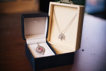 a silver necklace with a ruby pendant in a dusty box