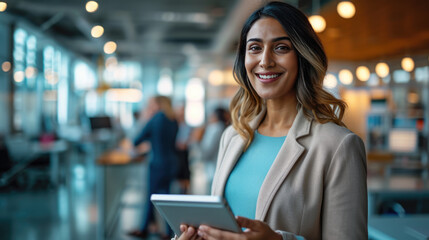 Woman smiling and holding a tablet, standing in an office environment