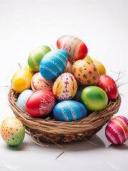 Fototapeta na wymiar Easter bright colored eggs in a nest on white background.