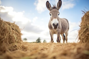 Naklejka na ściany i meble alert donkey standing by a hay bale on a farm