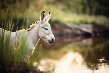 white donkey with perked ears near a peaceful pond