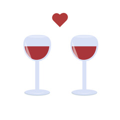 Two wine glasses and red heart. Romantic composition. Vector illustration