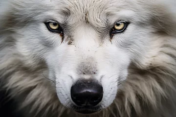 Selbstklebende Fototapeten Close up of face of wild white wolf with yellow eyes © Firn
