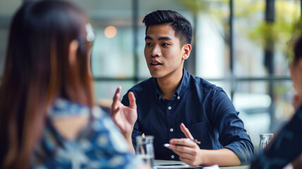 Man in a conversation, gesturing with his hands while speaking to an out-of-focus person across the table, in a well-lit indoor environment suggestive of a professional meeting. - obrazy, fototapety, plakaty