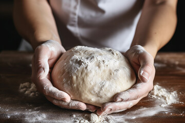 Fototapeta premium Close up of man's hands holding dough for bread baking