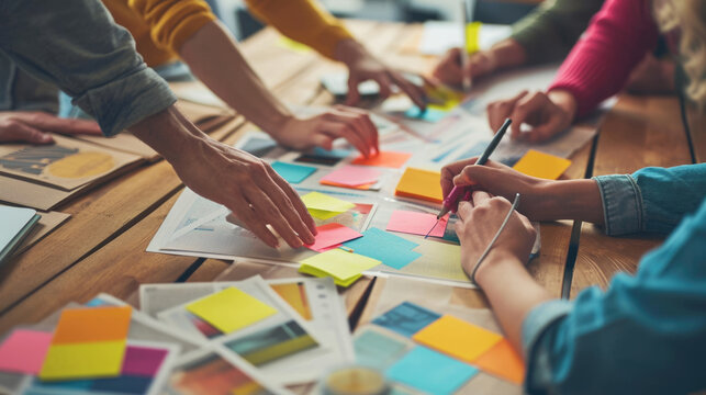 ?lose-up view of several hands collaboratively working on a project with colorful sticky notes, papers, and digital devices on a wooden table.