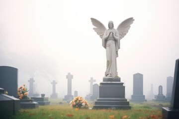 angel statue with outstretched wings in a foggy cemetery