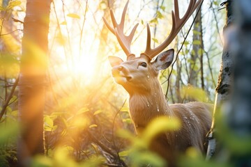 sunburst peaking through trees behind an elk