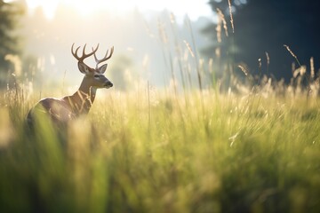 solitary elk grazing in a sunlit meadow