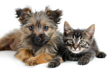 little dog and cat isolated on white 