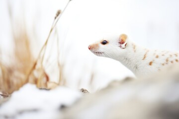 Fototapeta premium snow-dusted ermine pausing during the hunt