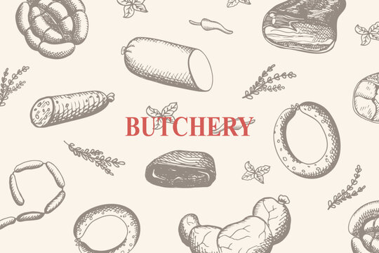 Butchery backdrop banner with different kind Sausages hand drawn vector engraving illustration. Smoked meat products background with bacon, sausages, pastrami, salami. Tasty meal, delicious snacks