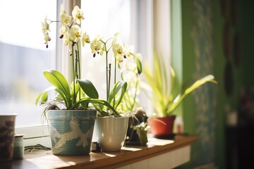 sunlight shining on potted orchids near window