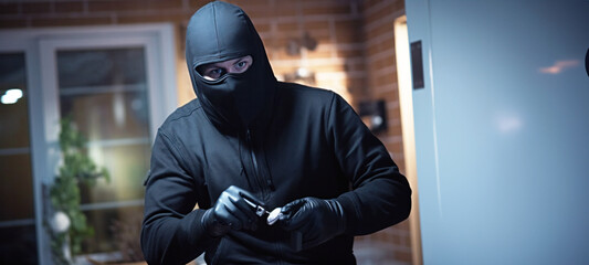 Masked burglary or thief breaking into a home opens the lock on the door, theft crime criminal case concept, Alarm system, Security system, Smart House and insurance - obrazy, fototapety, plakaty