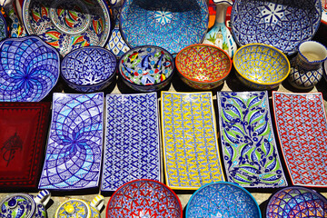 Traditional clay goods in shop in the medina of Tunis