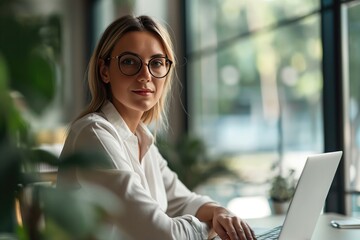 miling businesswoman sitting at desk with laptop computer and looking at camera. 