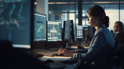Female stock trader working on multiple computer monitors analyzing financial data