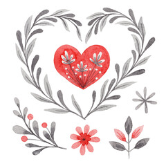 Set of Hand painted watercolor Valentine’s Day elements. Red flower and heart. Gray twigs and leaves illustration. Folk style love design for greeting card. 