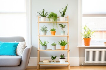 ladder shelf with potted plants and microgreen trays