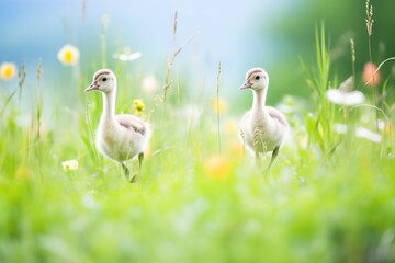Obraz premium young geese pecking curiously in a wildflower meadow