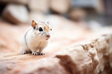 gerbil in focus with a blurred rocky background