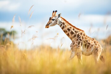 side view of giraffe walking through grassland
