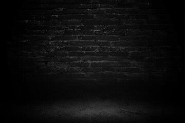 Black studio room background, interior texture for display products. Brick wall and black cement floor - obrazy, fototapety, plakaty