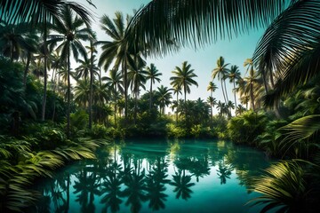 A tranquil lagoon surrounded by towering palms, their fronds gently swaying in the breeze.