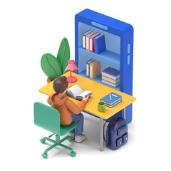 Student studying at home. Can use for web banner, infographics, hero images.3D illustration of Asian man Felix.3D rendering on white background.
