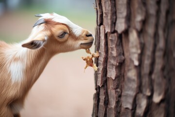 goat gnawing on a large piece of tree bark