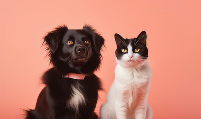 cat and dog together on peach pastel background