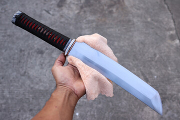 Red and black colure with tanto knife handle wraping