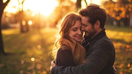 Fototapeta premium Loving Couple Sharing an Intimate Embrace in the Autumn Park at Sunset