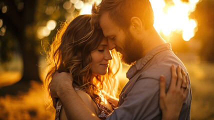 Fototapeta premium Romantic Couple Embracing in Golden Sunset Light