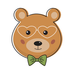 Cute teddy bear hipster in kawaii style. Funny bear icon with bow.