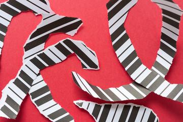 shredded black and white paper with stripe pattern on red