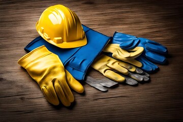 Middle class employment and Labour Day concept: A close-up of a yellow hard hat and safety gloves, 