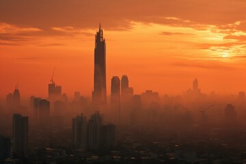 Fototapeta na wymiar Urban sunrise tainted by air pollution, city cloaked in smog.