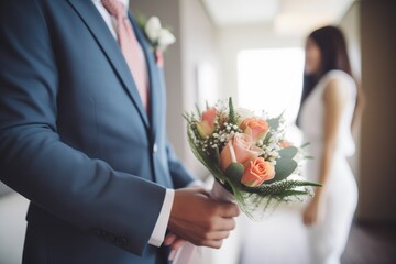 groom gifting a bridal bouquet in a wedding setting